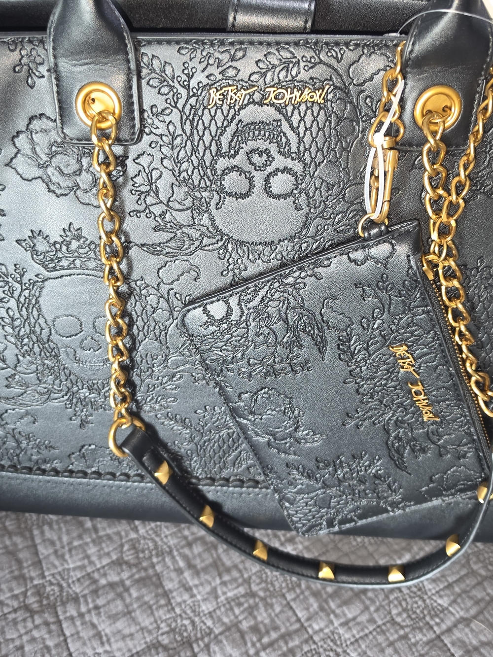 Betsey Johnson Black Embossed Skull Floral Tote with Gold Chain Accents